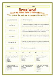 English Worksheet: > Phrasal Verbs Practice 63! > --*-- Definitions + Exercise --*-- BW Included --*-- Fully Editable With Key!