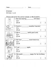 English Worksheet: Articles - a, an