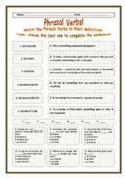 English Worksheet: > Phrasal Verbs Practice 64! > --*-- Definitions + Exercise --*-- BW Included --*-- Fully Editable With Key!