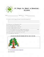 English worksheet: 10 Ways to meet a monster: Aliens