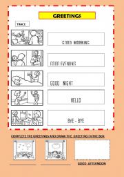 English Worksheet: TRACE THE GREETINGS AND COMPLETE