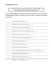 English worksheet: Recognizing Sentences