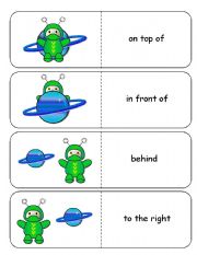 English Worksheet: Where is the Alien Astronaut Preposition Dominoes and Memory Cards Part 1 of  2