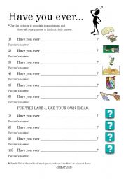English Worksheet: Present Perfect Questions (Gap fill w/pics) and conversation practice