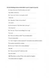 English Worksheet: Reported Statements indirect speech