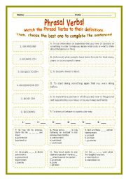 English Worksheet: > Phrasal Verbs Practice 65! > --*-- Definitions + Exercise --*-- BW Included --*-- Fully Editable With Key!