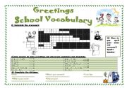 English Worksheet: School vocabulary, greetings, the alphabet
