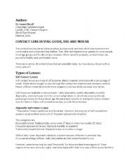 English Worksheet: Contact Lens Use and Misuse