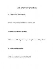 English worksheet: Practice Job Interview Questions