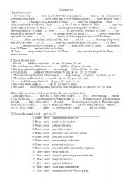 English Worksheet: Grammar test pronouns, prepositions there is are this that