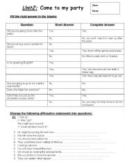 English Worksheet: yes/no question