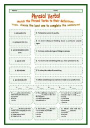 English Worksheet: > Phrasal Verbs Practice 66! > --*-- Definitions + Exercise --*-- BW Included --*-- Fully Editable With Key!