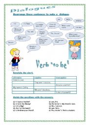 English Worksheet: Dialogues, verb to be, colours, numbers...