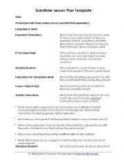 English Worksheet: Substitute Lesson Plan Template