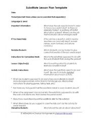 English worksheet: Substitute Lesson Plan Template