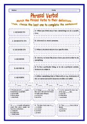 English Worksheet: > Phrasal Verbs Practice 67! > --*-- Definitions + Exercise --*-- BW Included --*-- Fully Editable With Key!