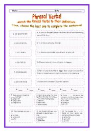 English Worksheet: > Phrasal Verbs Practice 68! > --*-- Definitions + Exercise --*-- BW Included --*-- Fully Editable With Key!