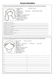 English Worksheet: personal informations and body parts
