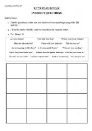 English worksheet: Bingo INDIRECT QUESTIONS