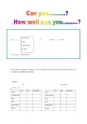 English worksheet: PAIR WORK  can you............?  how well can you.............?