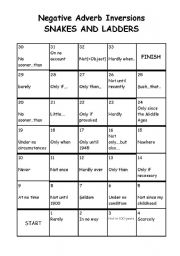 English worksheet: Negative Adverbs - Snakes and Ladders