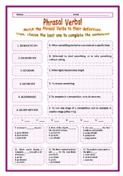 English Worksheet: > Phrasal Verbs Practice 69! > --*-- Definitions + Exercise --*-- BW Included --*-- Fully Editable With Key!