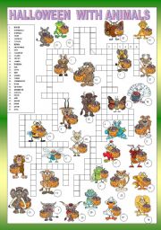 English Worksheet: ANIMALS - CROSSWORD - FOR BEGINNERS + KEY