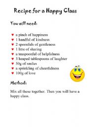 English Worksheet: Recipe for a happy class