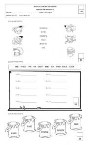 English Worksheet: TEST (Family members, colours and numbers)