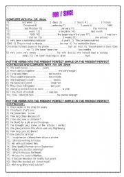 English Worksheet: FOR AND SINCE AND THE PRESENT PERFECT