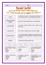 English Worksheet: > Phrasal Verbs Practice 46! > --*-- Definitions + Exercise --*-- BW Included --*-- Fully Editable With Key!