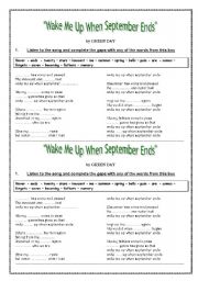 English Worksheet: wake me up when september ends