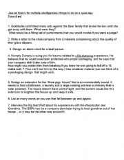 English Worksheet: Journal topics using fairy tale characters and multiple intelligences. Form 4