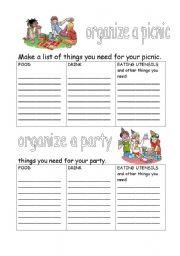 English Worksheet: organize a picnic or a party 