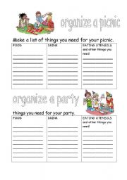 English worksheet: organize a picnic or a party 