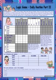 English Worksheet: Logic game (20th) - Daily routine Part II *** for elementary ss *** with key *** fully editable *** created with WORD 2003