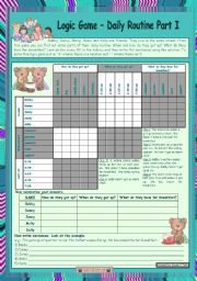 English Worksheet: Logic game (19th) - Daily routine Part I *** for elementary ss *** with key *** fully editable *** created with WORD 2003