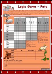 English Worksheet: Logic game (18th) - Pets *** with key *** for elementary level *** created with WORD 2003