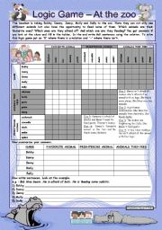 English Worksheet: Logic game (13th) - At the zoo *** with key *** for elementary level *** created with WORD 2003