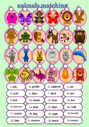 English Worksheet: funny animals matching exercise