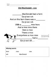 English Worksheet: Old Macdonald - Gap fill activity - cow