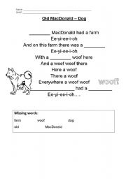 English worksheet: Old Macdonald - Gap fill activity - dog