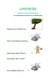 English worksheet: Limericks-replacing pictures with words