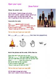 English Worksheet: Filling in activity : song - Open your eyes (Snow Patrol) - With B&W copy and answer key
