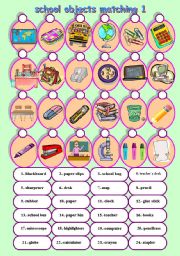 English Worksheet: school objects matching 1/2