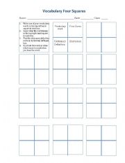 English worksheet: Vocabulary 4-Square - Way of bring vocab from context to memory