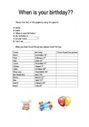 English worksheet: When is your birthday?