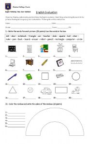 English Worksheet: 3rd Grade English Evaluation 