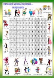 English Worksheet: HUMOR - THE DANCE AROUND THE WORLD - WORDSEARCH - FOR BEGINNERS  - KEY