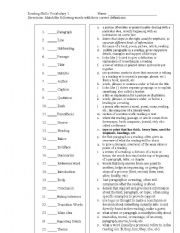 English Worksheet: Reading Skills and Terms Matching Worksheet 1 